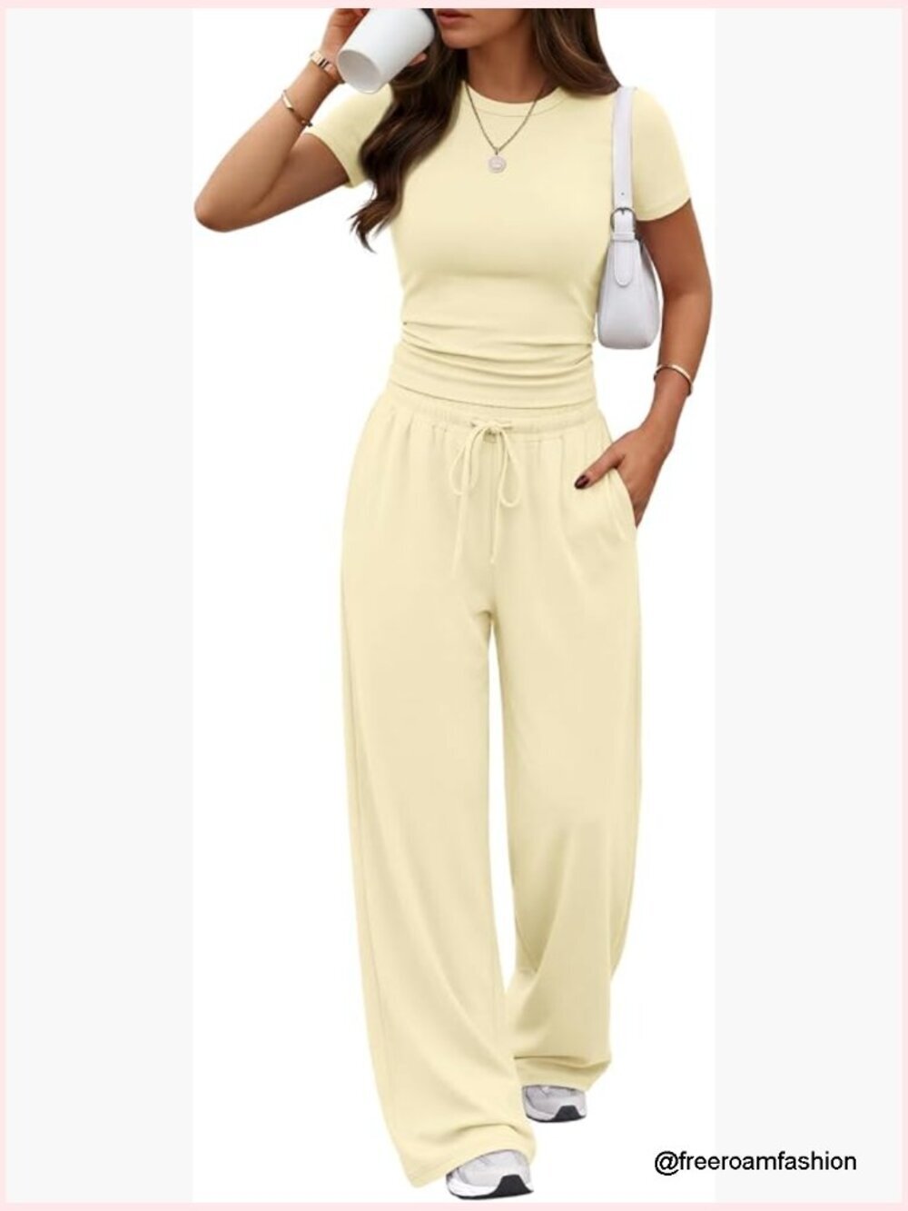 2 Piece Lounge Set Side Ruching Top Wide Leg Pants with Pockets